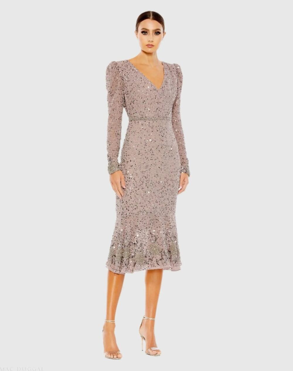 Mac Duggal Sequined Embellished Midi Dress Beaded Hemline In Nude Size 10 NWT